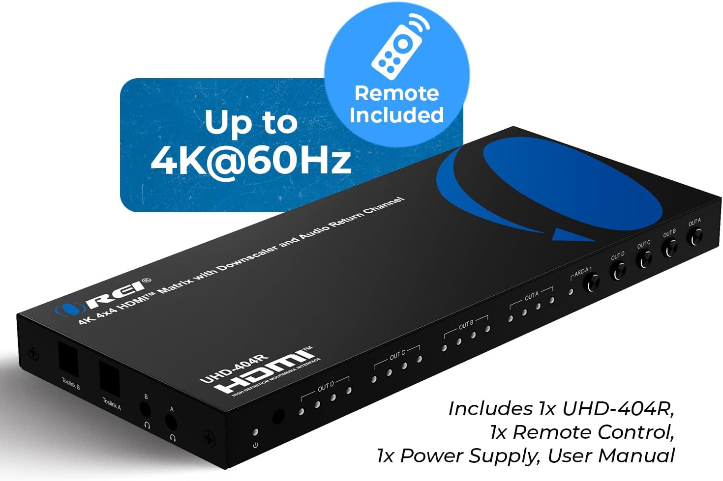 OREI 4K@60Hz 4×4 HDMI Matrix Switch with Downscaler & ARC, 18Gbps, HDCP 2.2, HDR, Audio Extraction (Optical & Analog), 4K-to-1080p Scaling, IR Remote (UHD-404R)