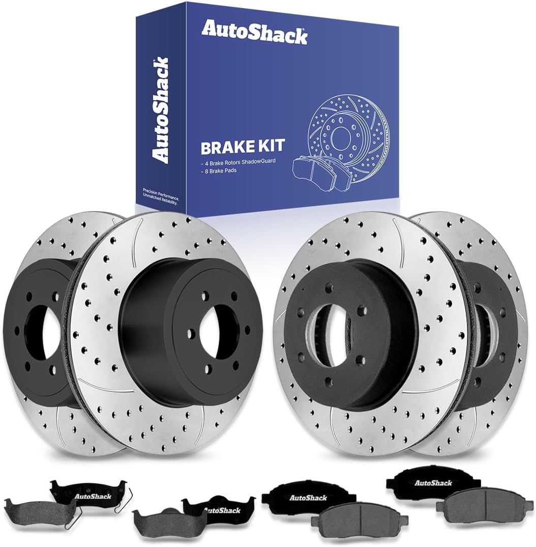 AutoShack Front & Rear Brake Rotors & Ceramic Pads for Ford & Lincoln, F-150 2004-2008 Mark LT 2006-2008, 4WD AWD RWD V6 4.2L V8 4.6L 5.4L - E-Coated Drilled & Slotted - ShadowGuard