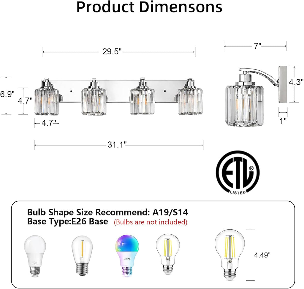 4 Lights Crystal Bathroom Vanity Light Modern Chrome Bathroom Light Fixture Bathroom Lighting Fixtures Over Mirror for Mirror E26 Base