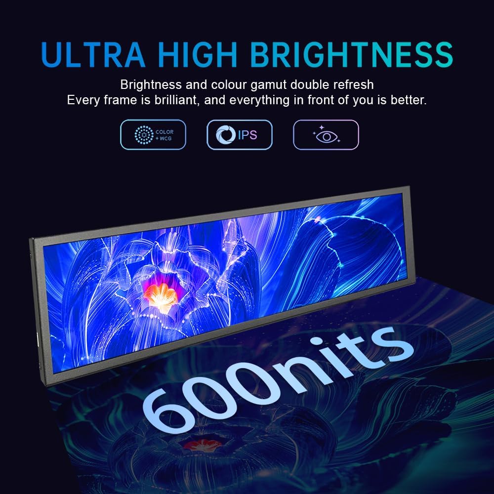 8.8 inch Small Mini Touchscreen Monitor 480x1920 IPS USB Type C Long Stretched Bar 600cd/m2 High Brightness Adjustable Strip Display for Windows Computer PC Sub Screen
