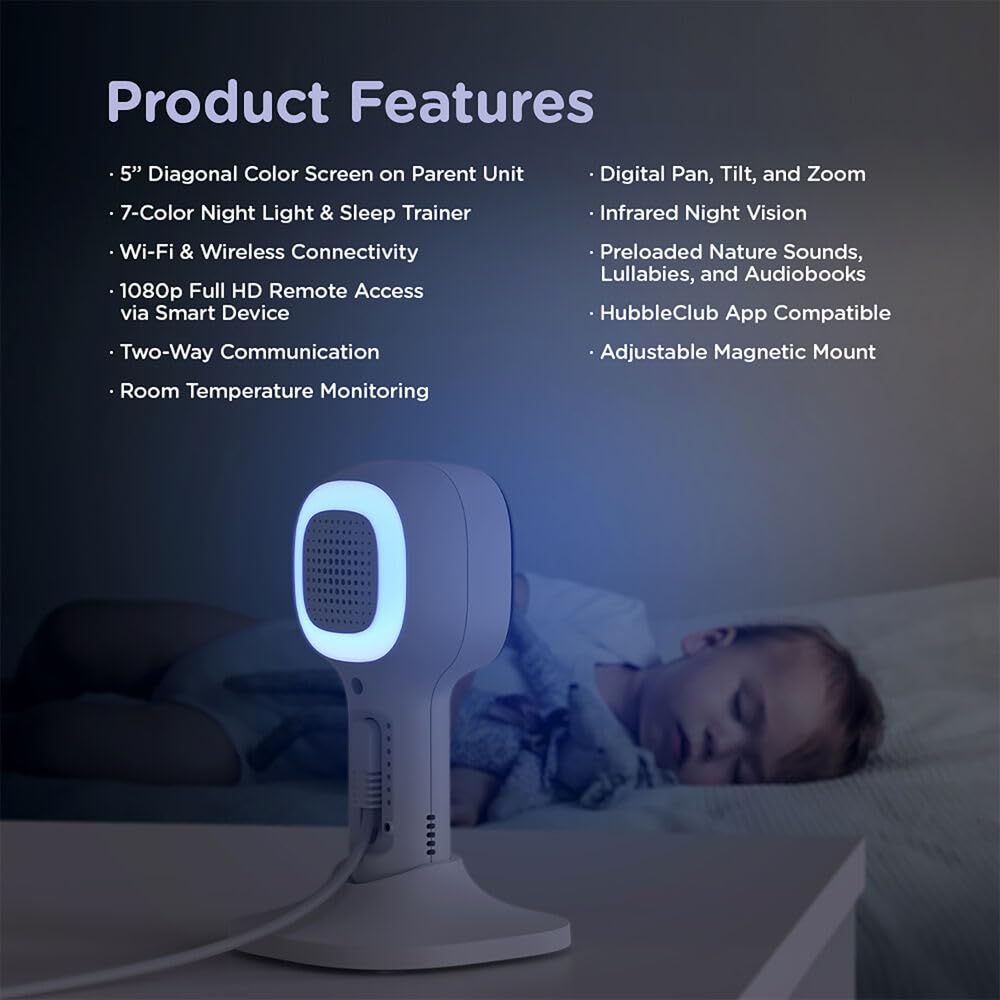 Hubble Connected Nursery Pal Cloud Smart Connected, Wi-Fi Enabled Baby Monitor with 5-Inch HD Color Parent Unit Viewer, Soothing Sounds and White Noise, 7-Color Night Light, Wall Mount, White