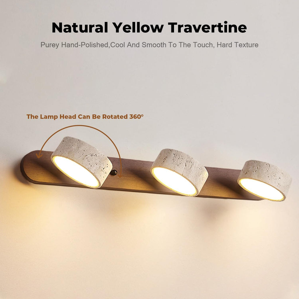 LED Natural Stone Vanity Light with 3 Travertine Stone Shades, Bathroom Vanity Light Fixture, 360° Rotatable Stone Lampshades, Modern Rustic Wall Lamp for Bedroom, Living Room, Hallway (Walnut Wood)