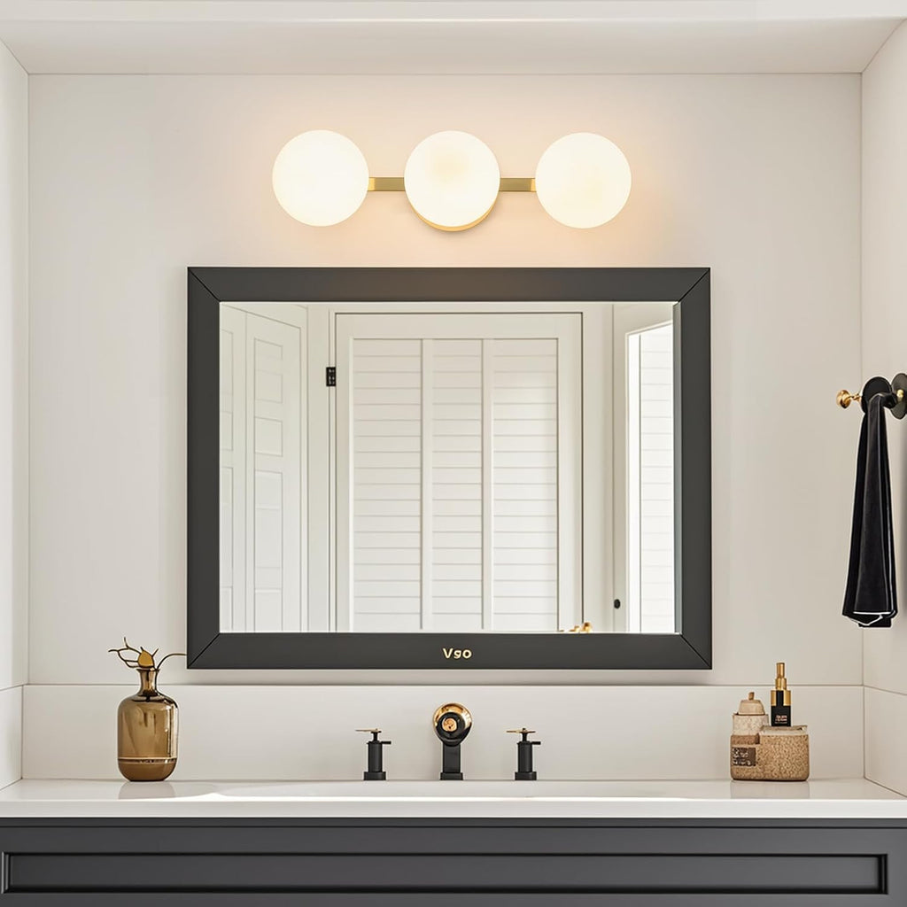 Bathroom Vanity Mirror Light Fixtures: 3 Lights Bath Wall Sconce Lighting - Brass Gold Vanity Lights with Milk Glass Shade - Modern Minimalist Makeup Light Fixture Above Mirror for Hallway E26 Base