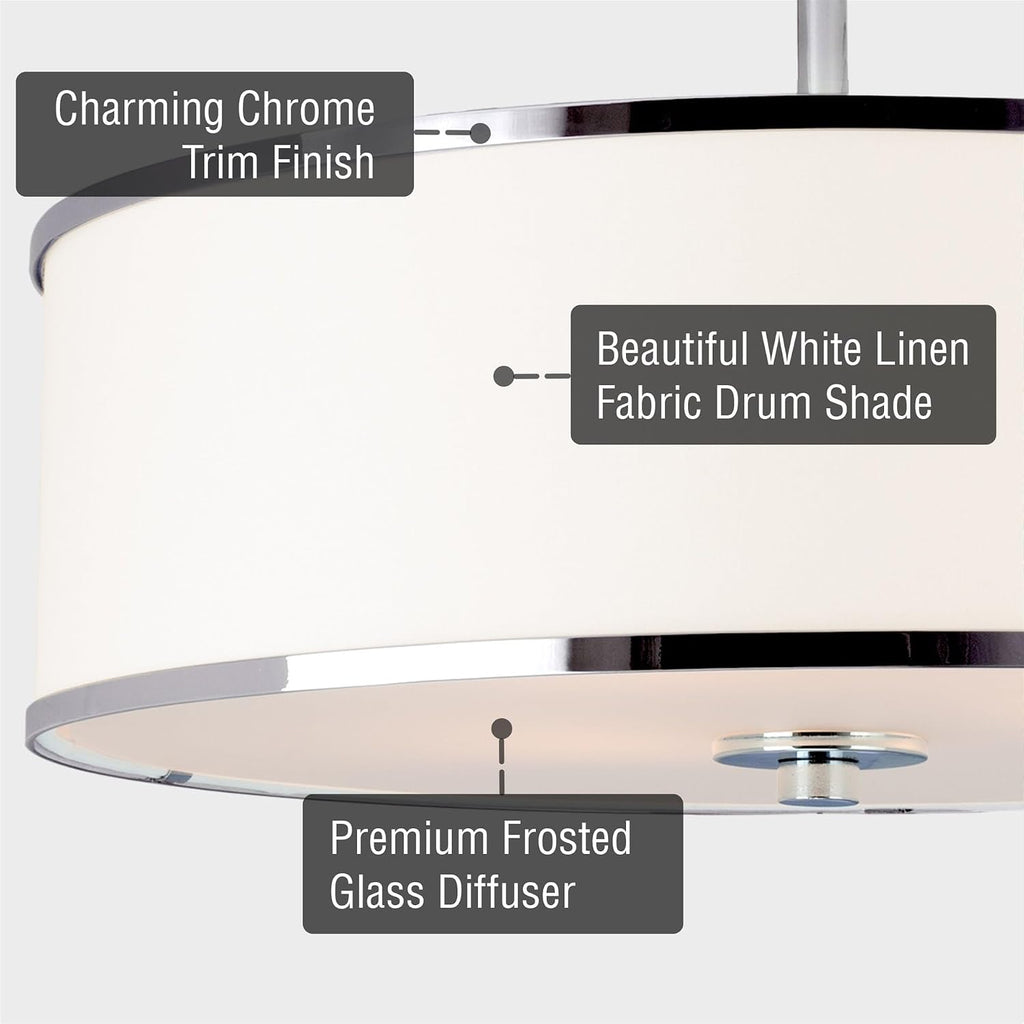 Kira Home Chloe 15' Modern Semi-Flush Mount Ceiling Light with White Fabric Drum Shade, 3-Light Hanging Fixture with Tempered Glass Diffuser, Chrome Finish