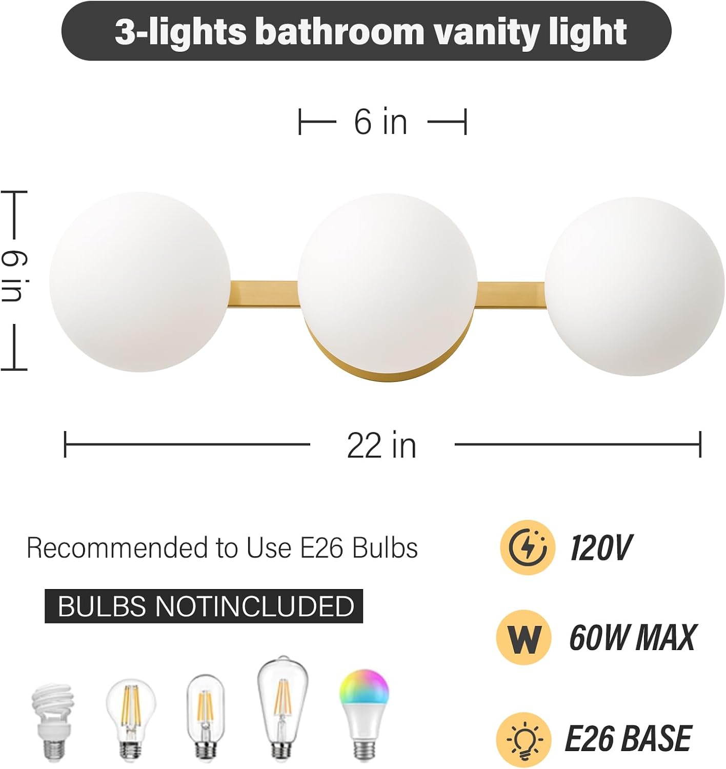 Bathroom Vanity Mirror Light Fixtures: 3 Lights Bath Wall Sconce Lighting - Brass Gold Vanity Lights with Milk Glass Shade - Modern Minimalist Makeup Light Fixture Above Mirror for Hallway E26 Base