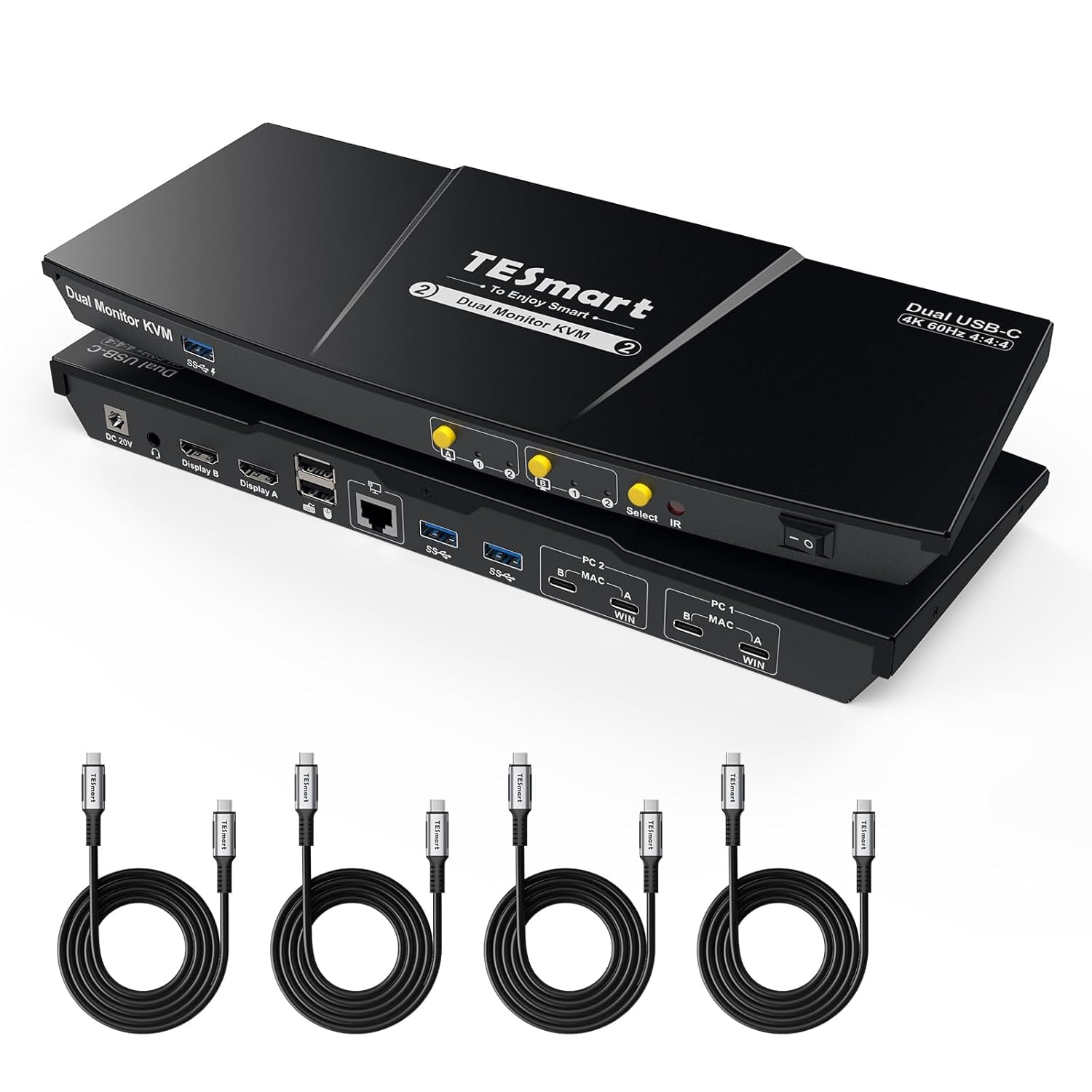 TESmart MST USB-C KVM Switch 2 Monitors 2 Laptops 4K@60Hz, USB 3.0 Dual Monitor KVM, EDID Emulation, 60W PD, 1G Ethernet, 2K@144Hz, 1080P@240Hz, Hotkey Switch, with All Input Cables