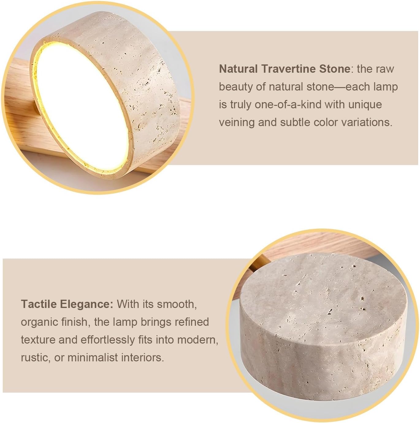 LED Natural Wood Vanity Light with 3 Travertine Stone Shades, Bathroom Vanity Light Fixture, 360° Rotatable Stone Lampshades, Modern Rustic Wall Lamp for Bedroom, Living Room, Hallway (Natural Wood)