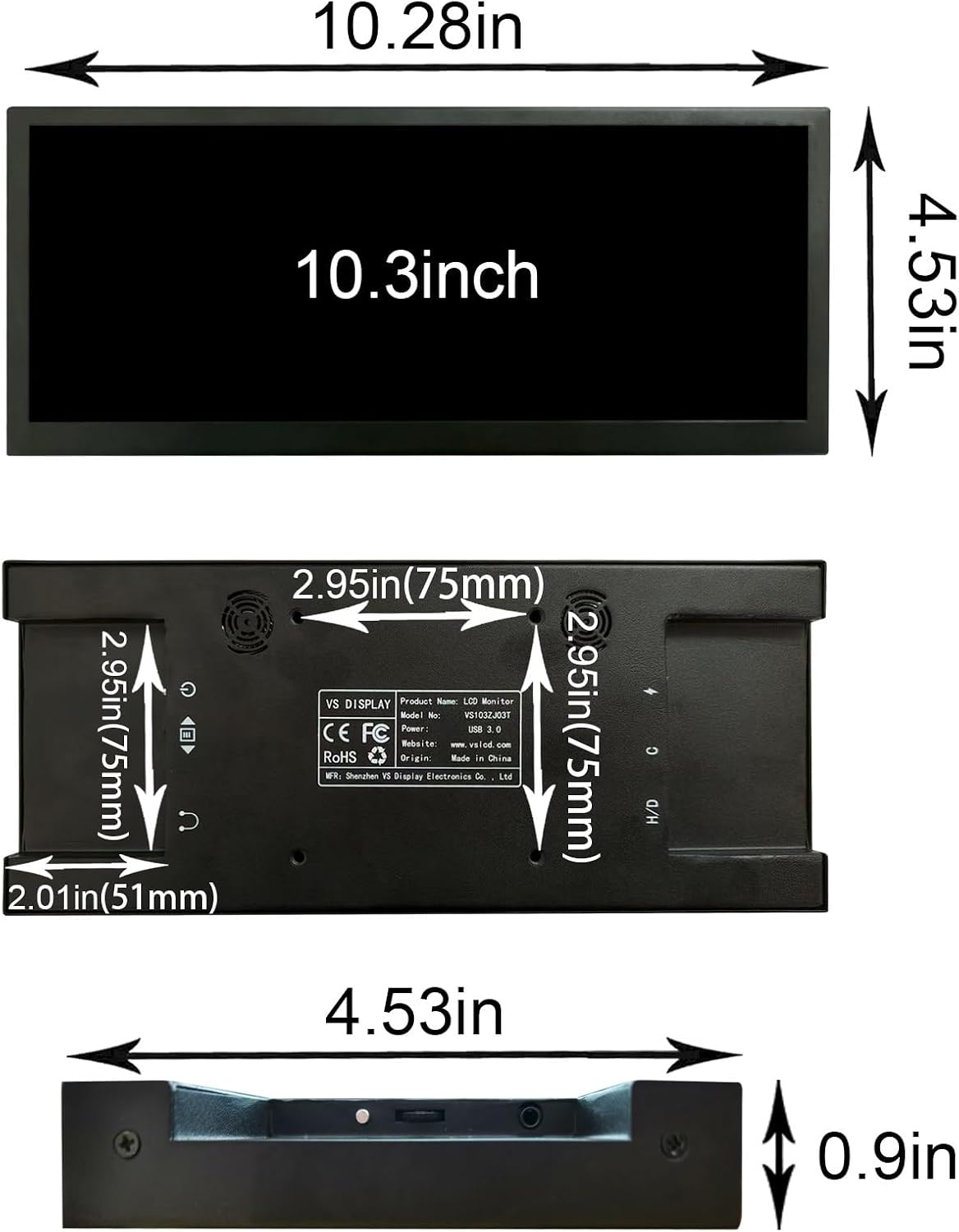 VSDISPLAY 10.3 Inch 1920x720 Touchscreen Monitor IPS Small Stretched Bar LCD 850 Nits Brightness with Mini H/D USB-C Video Input for Computer Laptop PC Industrail Secondary Display
