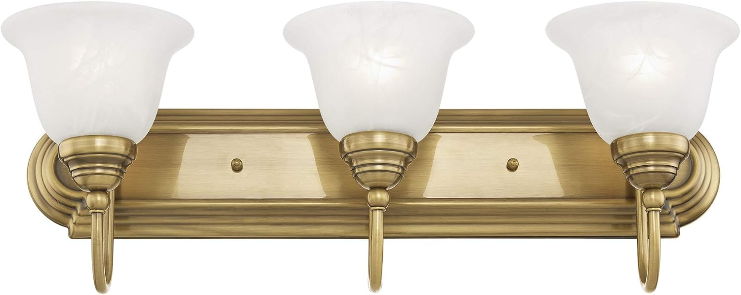 Livex Lighting 1003-01 Bath Vanity with White Alabaster Glass Shades, Antique Brass, 24 x 8.5 x 8.5