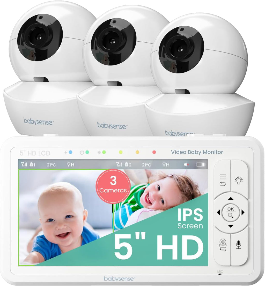 Babysense 5' HD Split-Screen Baby Monitor, Video Baby Monitor with Camera and Audio, Three HD Cameras with Remote PTZ, Night Light, 960ft Range, Two-Way Audio, 4X Zoom, Night Vision, 4000mAh Battery