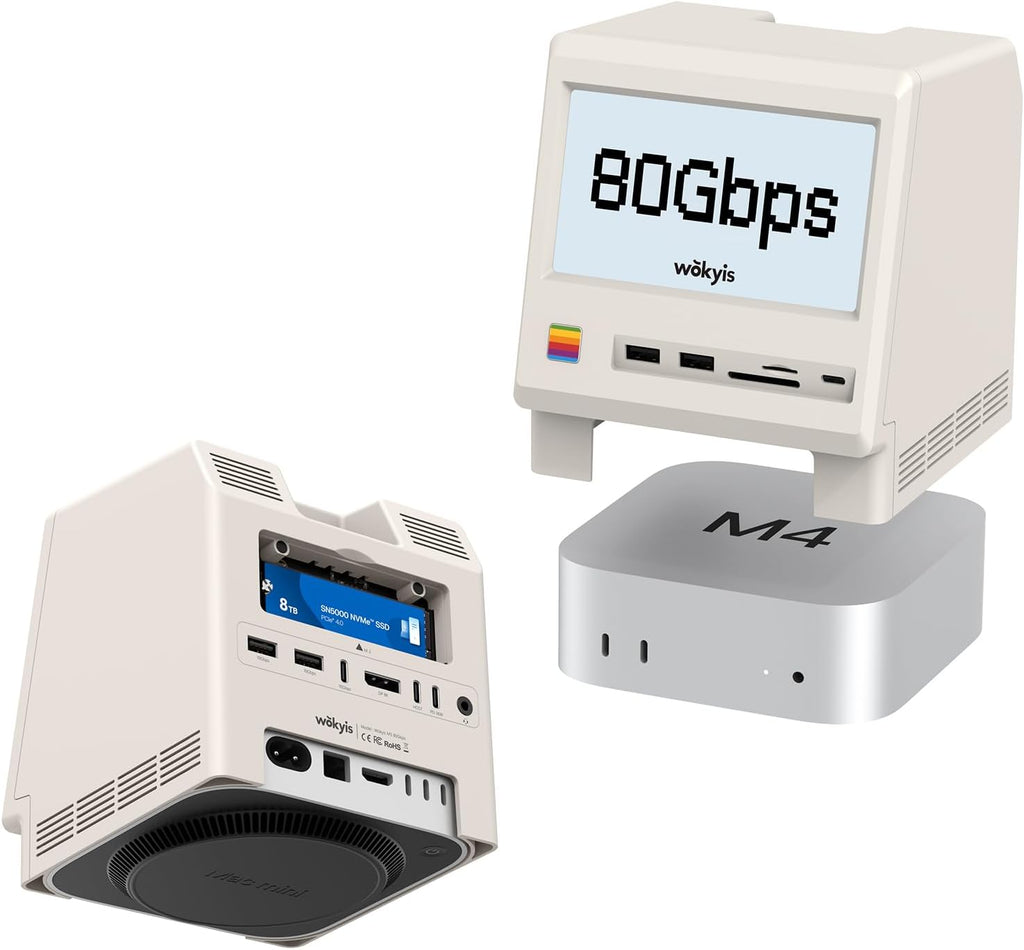 M5 Retro Dock Station for Mac mini M4 Pro, 80Gbps M.2 NVMe SSD Enclosure with Cooling Fan, Compatible for Thunderbolt 5/4/3/USB 4, 5'inch HD Display, SD/Micro SD Reader 4.0, 8K@60Hz Displayport