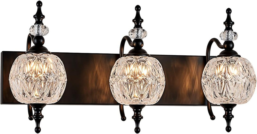 Vintage Black 3 Lights Bathroom Vanity Light Fixtures, Modern Bedhroom Lighting Painted Black Surface with Thick Crystal Glass Shade, Vintage Vanity Light for Bathroom Farmhouse Bedroom
