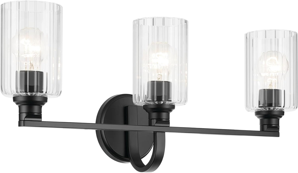 Kichler Gioe 24.25' 3-Light Bathroom Vanity Light Fixture with Clear Fluted Glass in Black, Modern Wall Mount Over Mirror for Powder Room, Damp Rated (24.25' W x 10.5' H), 55226BKFLU