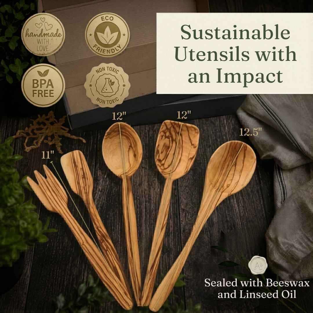 LESVOS WOODCRAFT - Premium Deep Bowl Olive Wood Cooking Utensil Set - 5-Piece Artisan Cooking and Serving Utensil Bundle, Olive Wood Utensils, Fair-Trade, Handcrafted, Includes 2 Greek Recipes