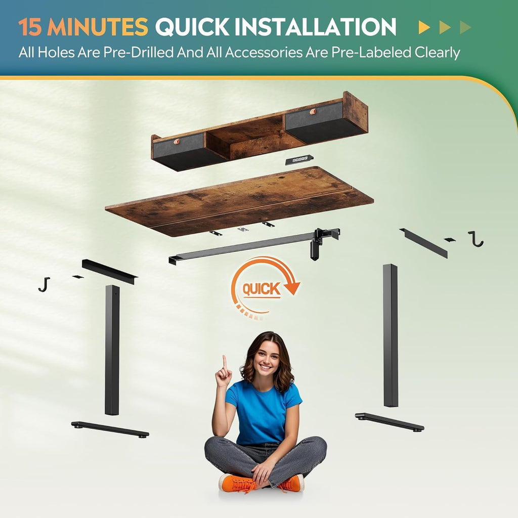 DEVAISE 48×24 Inches Electric Standing Desk with Drawers, Computer Desk with Adjustable Height, Storage Shelf, Built-in Power Outlets, Sit to Stand Desk for Home Office, Rustic Brown