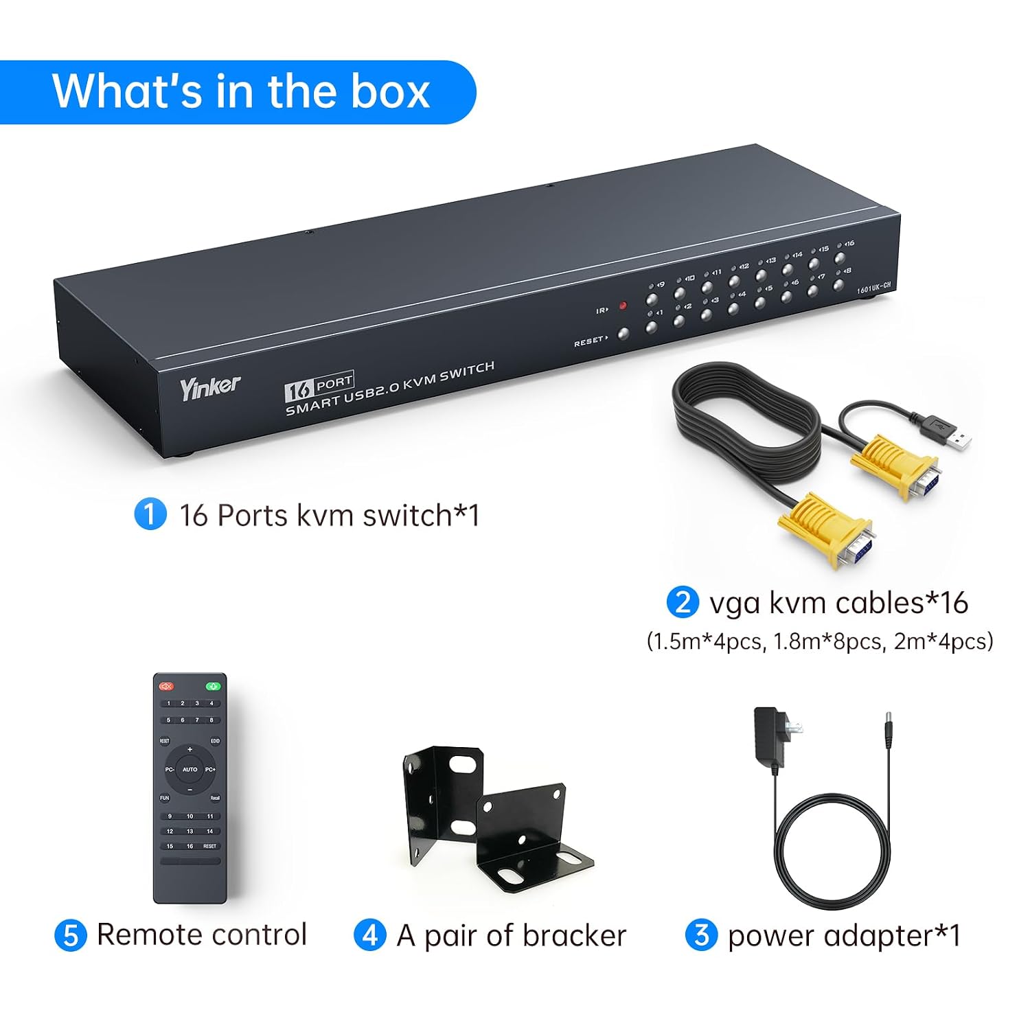 16 Port KVM Switch, Rack KVM Console VGA 16x1 w/16-Pack Cables IR Remote & Ears Support HD 1U Rack Cabinet