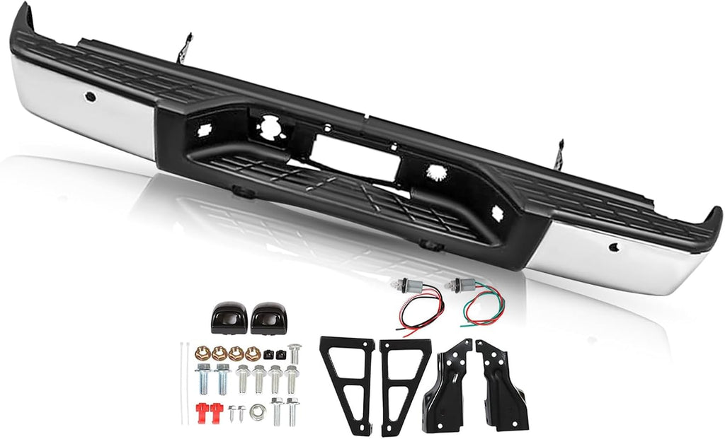 JSBOYAT Rear Step Bumper Fit for 2007-2013 Chevy Silverado 1500 / GMC Sierra 1500 Chrome Steel Bumper Assembly with Sensor Holes (Chrome) NOT Fit 2500 3500