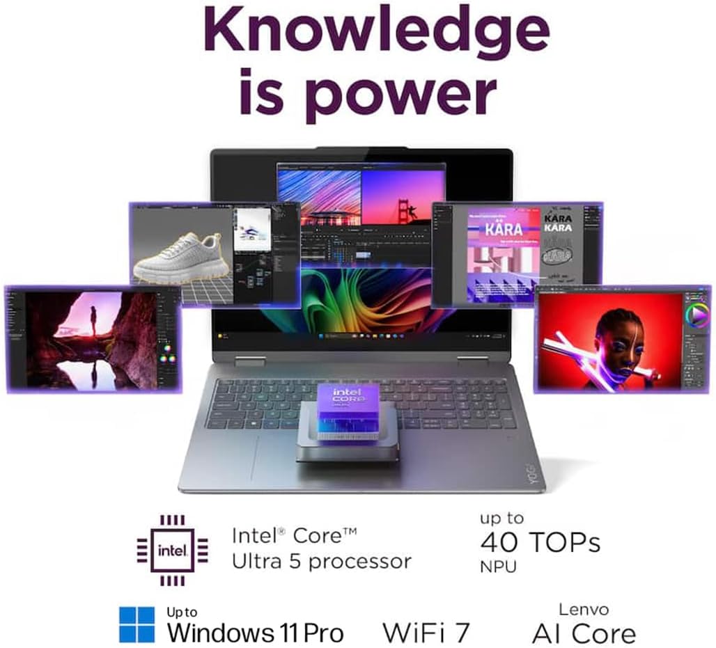 Lenovo Yoga 7i 2 in 1 Laptop, 16' 2K Touchscreen Display, Intel Core Ultra 5 226V, 16GB LPDDR5X RAM 512GB SSD, Intel Arc 130V(Up to 40 Tops), Thunderbolt 4, FP, WiFi 7, 26.5H Battery Life, Win 11