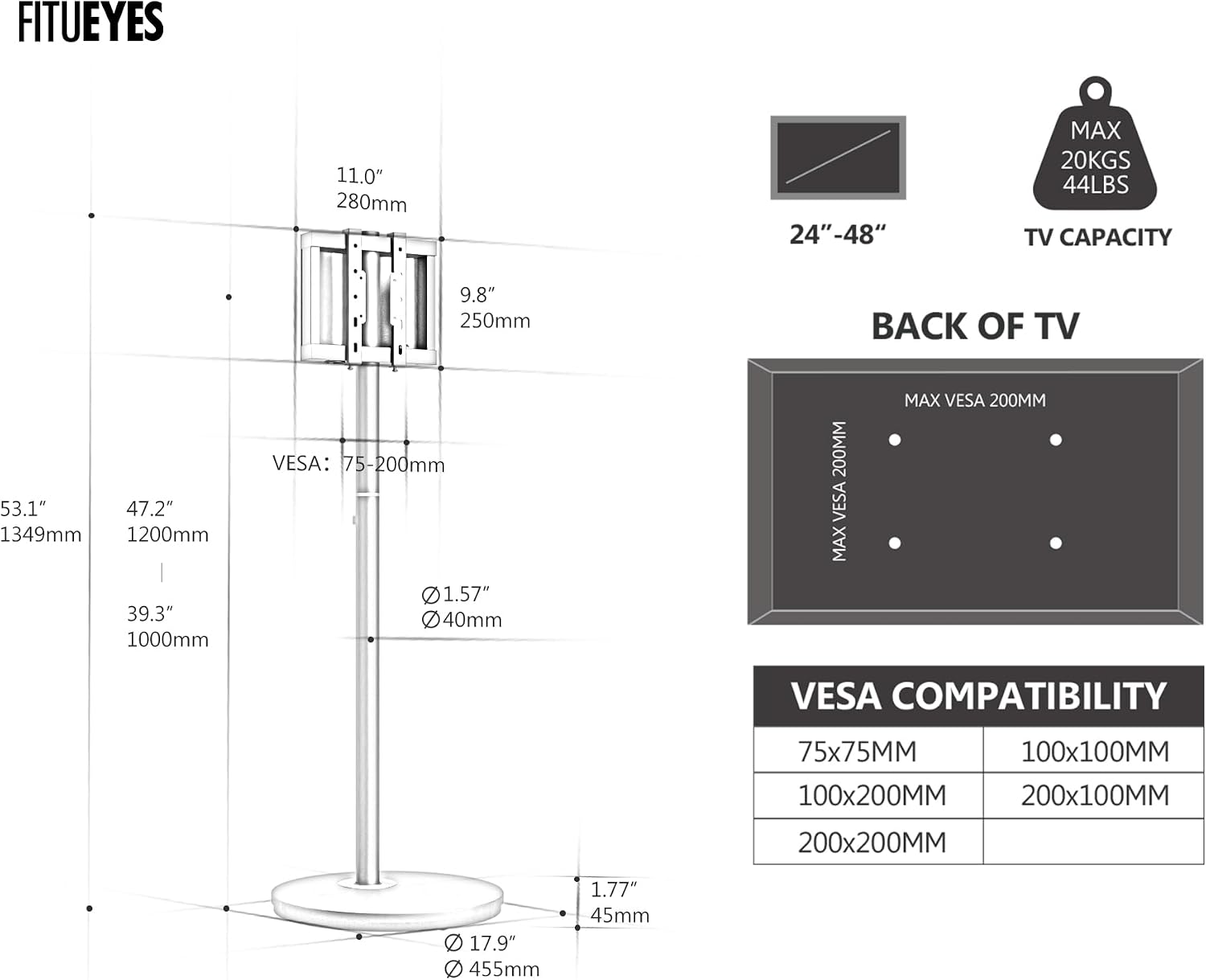 FITUEYES Design Small Rolling TV Cart for 24-48 Inches Television, Minimalist Modern TV Floor Stand on Wheels Fits Max VESA 200x200mm, V2 Portable Smart Television Stands, Black, Master Series