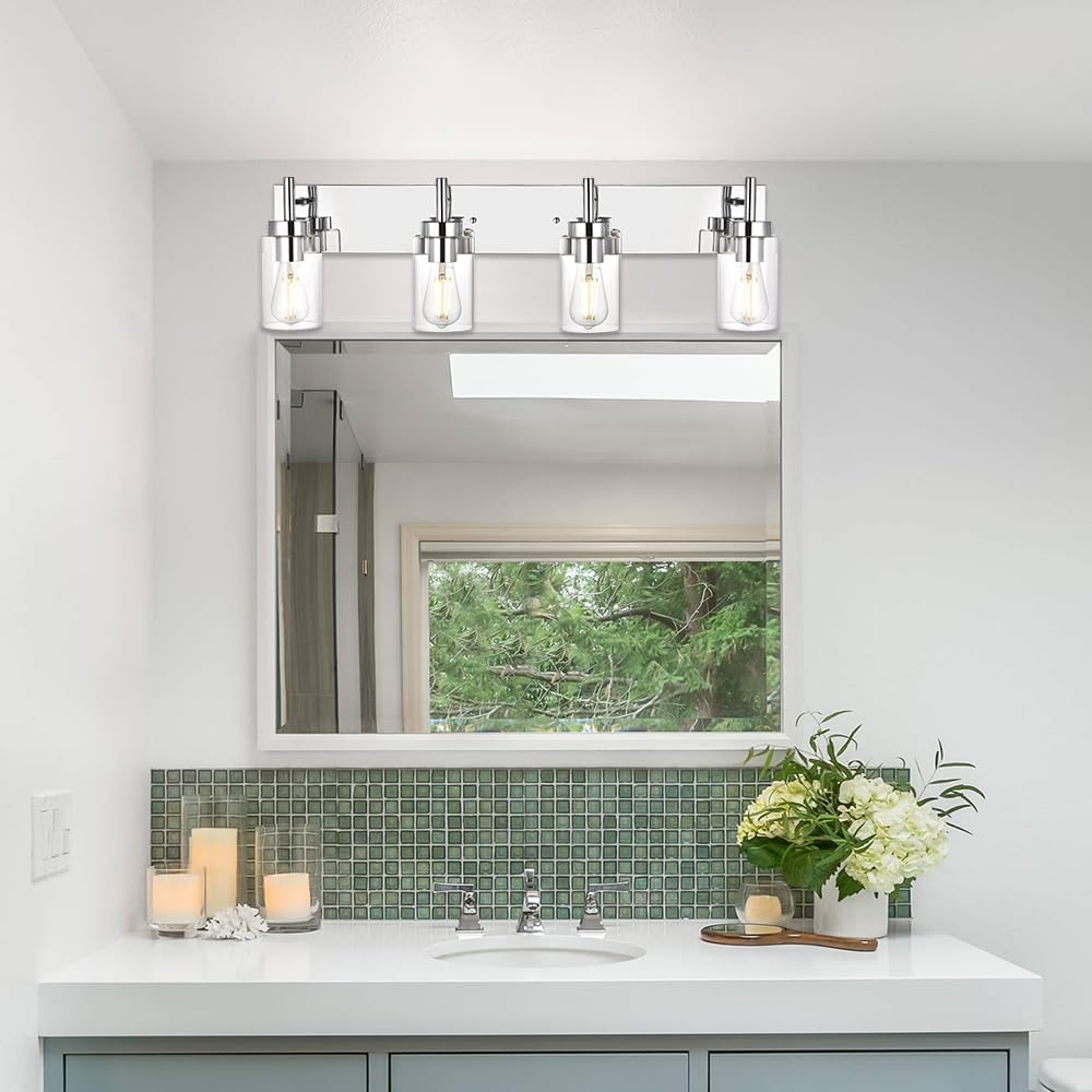 Modern Bathroom Lighting with Clear Glass Shade 4-Light Vanity Light Fixtures Chrome Finished Industrial Wall Light Sconces for Bedroom Hallway (Patent No.: US D958,438 S)