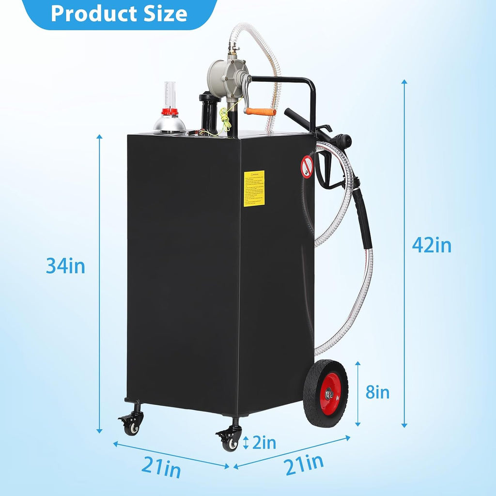 Portable 35 Gallon Fuel Caddy with Manual Pump 4 Wheel Gasoline Diesel Storage Tank Heavy Duty Steel, Kink-Free Hose & Ground Clamp for Lawn Mower, ATV, Boat, Farm Use