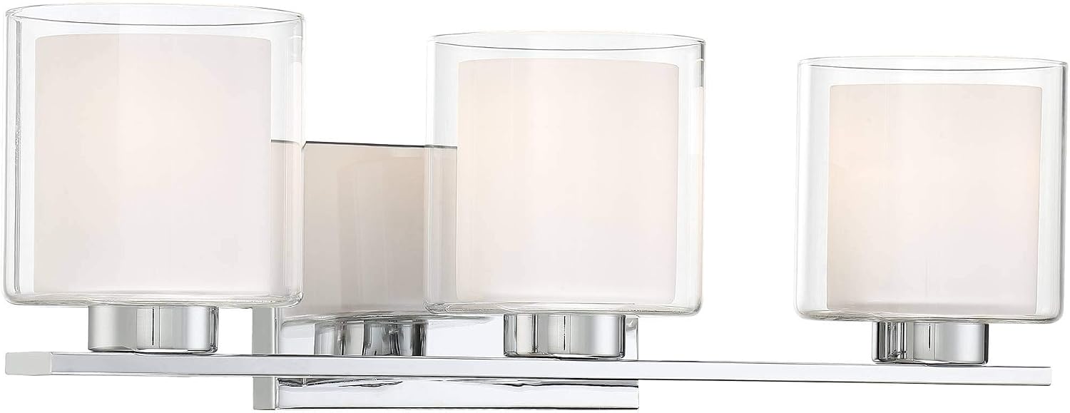 Possini Euro Design Dorris Modern Wall Mount Light Chrome Silver Hardwired 22' Wide 3-Light Fixture Clear Outer Opal Inner Glass Shade for Bedroom Bathroom Vanity Reading Living Room Hallway