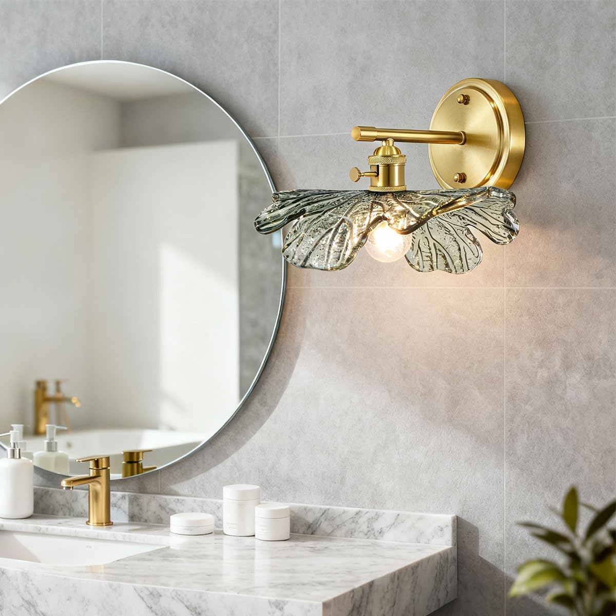 Vintage Bathroom Vanity Light Set of 2 with Dark Green Flower Glass | Art Deco Wall Sconces, Gold Living Room Hallway lighting fixtures, 110V E26 Brass, Supports dimmable bulbs, Easy to install