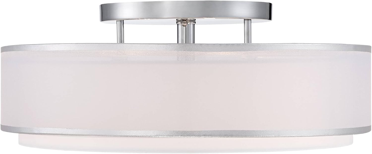 Possini Euro Design Double Organza Modern Ceiling Light Flush-Mount Fixture 20' Wide Chrome 3-Light Sheer Off White Drum Shades for Bedroom Kitchen Living Room Hallway Dining Bathroom Schoolhouse