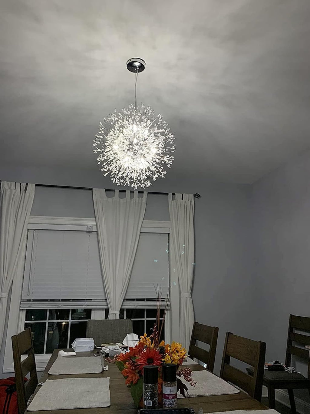 Modern Dandelion Firework Chandelier, Chrome Dining Room Chandelier, Crystal Hanging Pendant Lighting Fixture for Living Room, Bathroom, Bedroom, Entryway, 12-Light
