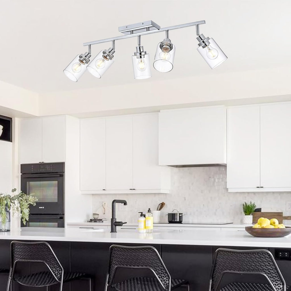 5-Light Track Lighting Kit Ceiling Kitchen Track Lighting Fixtures Chrome Bathroom Vanity Wall Lights with Clear Glass Multi-Directional Rotating Tracking Light Heads Spotlight for Accent Shop