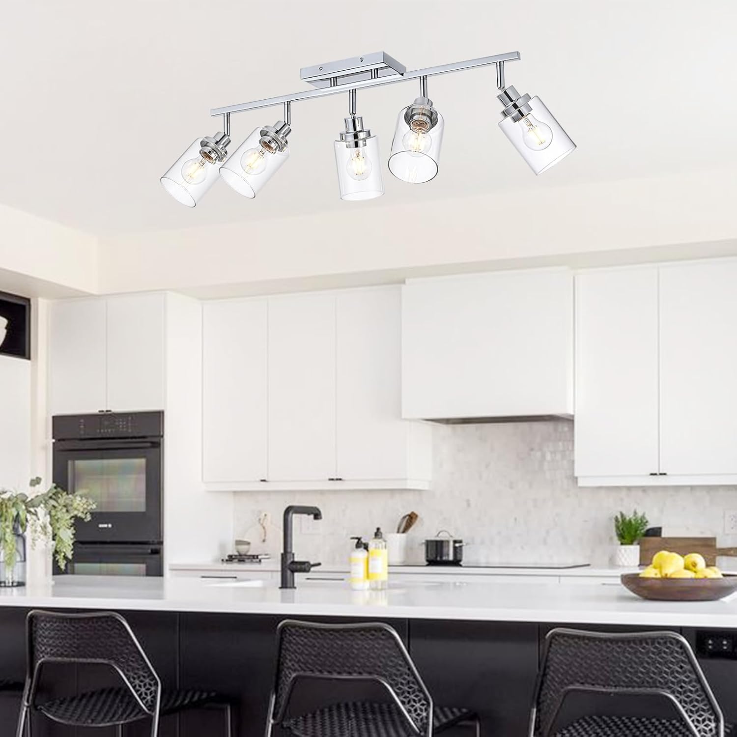 5-Light Track Lighting Kit Ceiling Kitchen Track Lighting Fixtures Chrome Bathroom Vanity Wall Lights with Clear Glass Multi-Directional Rotating Tracking Light Heads Spotlight for Accent Shop