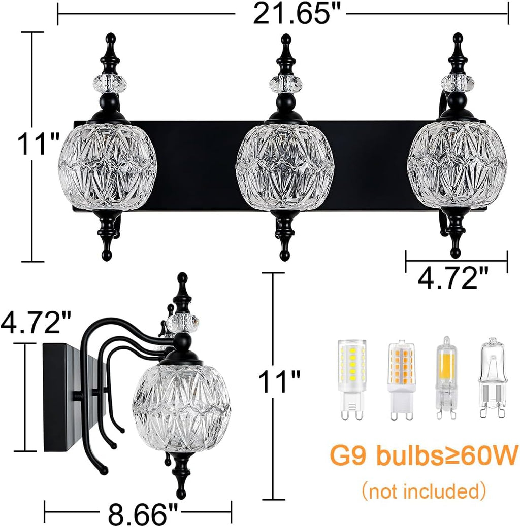 Vintage Black 3 Lights Bathroom Vanity Light Fixtures, Modern Bedhroom Lighting Painted Black Surface with Thick Crystal Glass Shade, Vintage Vanity Light for Bathroom Farmhouse Bedroom