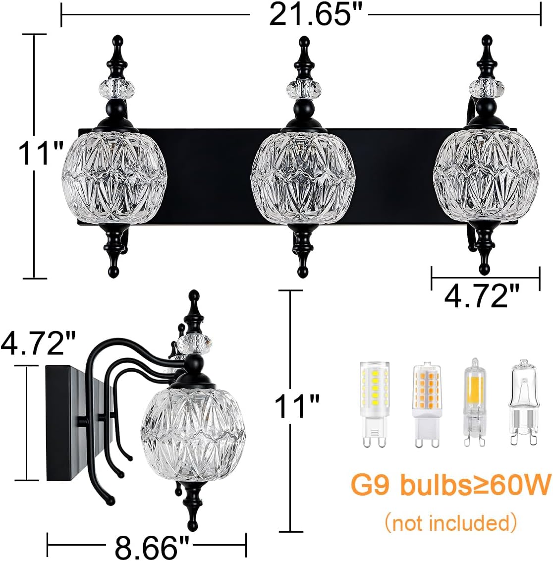 Vintage Black 3 Lights Bathroom Vanity Light Fixtures, Modern Bedhroom Lighting Painted Black Surface with Thick Crystal Glass Shade, Vintage Vanity Light for Bathroom Farmhouse Bedroom