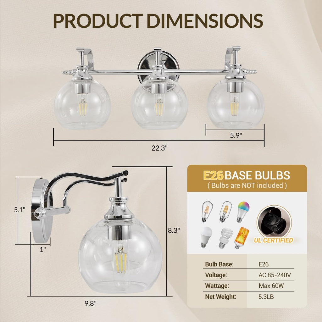 ANDY STAR Chrome Vanity Light, 3-Light Polished Silver Bathroom Light Fixture Over Mirror, Modern Wall Sconce with Clear Glass Shade, Industrial Wall Lighting for Living Room, Bedroom, Hallway, 22.3'