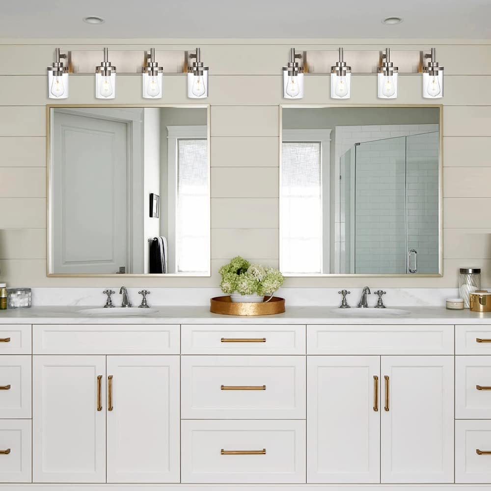 4 Lights Brushed Nickel Bathroom Vanity Light Over Mirror with Clear Glass Shades Industrial Wall Mounted Fixtures 18 inch Modern Wall Sconce Lighting for Farmhouse Living Room Bedroom Hallway