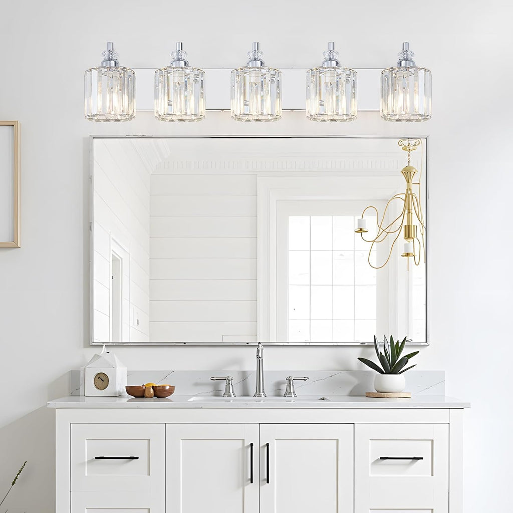 5-Light Modern Bathroom Light Fixture Chrome Bathroom Vanity Lights Over Mirror Wall Sconce Lighting with K9 Crystal Shades E26 Base for Bedroom, Living Room, Hallway Wall Lamp