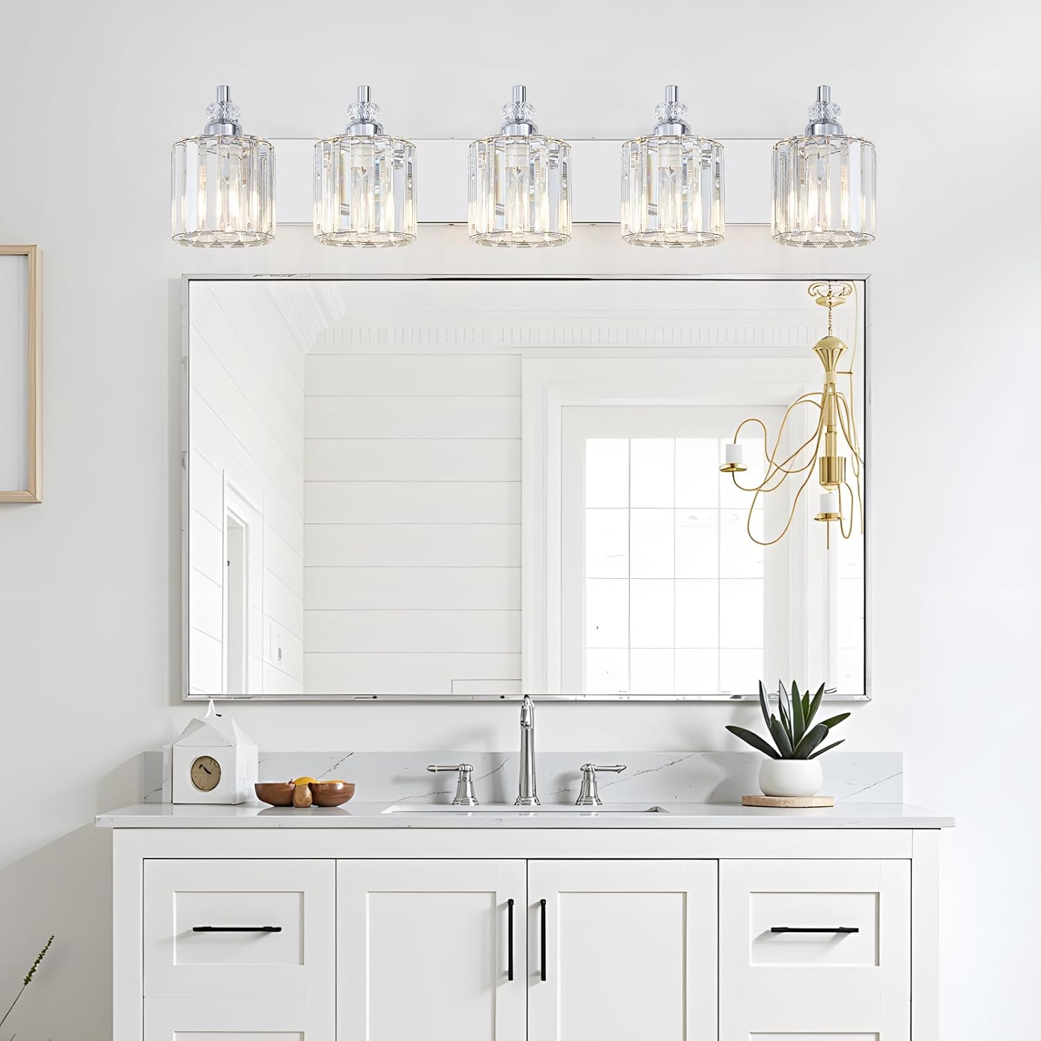 5-Light Modern Bathroom Light Fixture Chrome Bathroom Vanity Lights Over Mirror Wall Sconce Lighting with K9 Crystal Shades E26 Base for Bedroom, Living Room, Hallway Wall Lamp