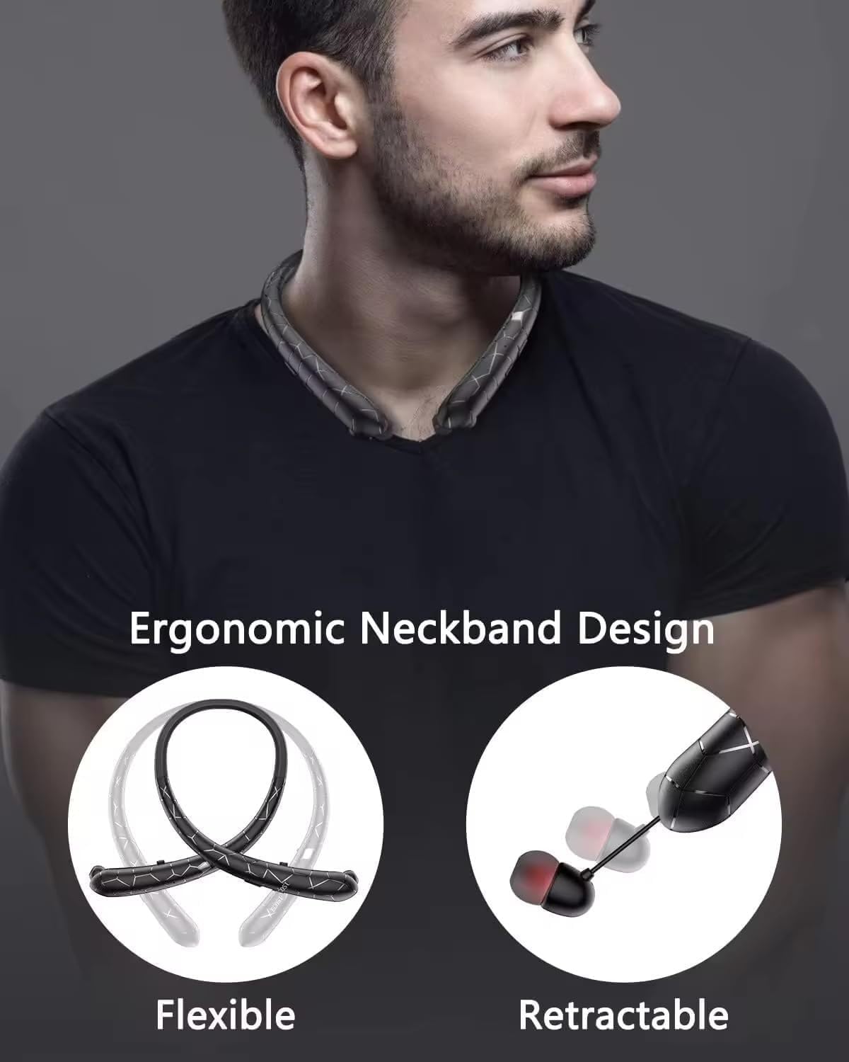 Retractable Neckband Bluetooth Headphones Auto Retractable Earbuds Wireless Earphones with 14Hrs HD Playtime, IPX5 Waterproof, CVC8.0 Noise Cancellation Mic for Crystal Clear Calls, Ideal for Exercise