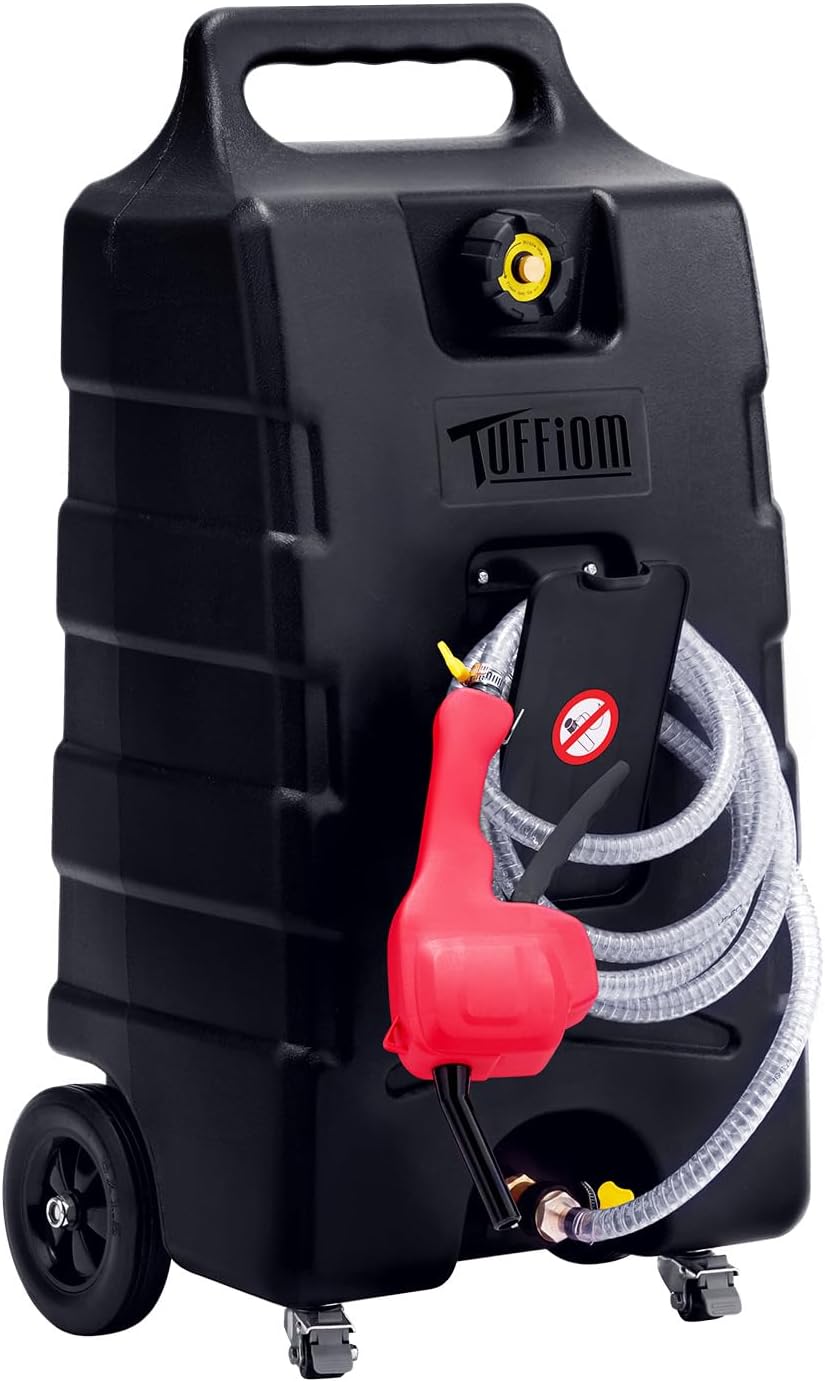 TUFFIOM 15 Gallon Fuel Gas Caddy w/Wheels & Manual Transfer Pump, Portable Diesel Fuel Transfer Storage Tank w/10ft Hose, Gasoline Can Container for ATV Car Mowers Tractor Boat Motorcycle