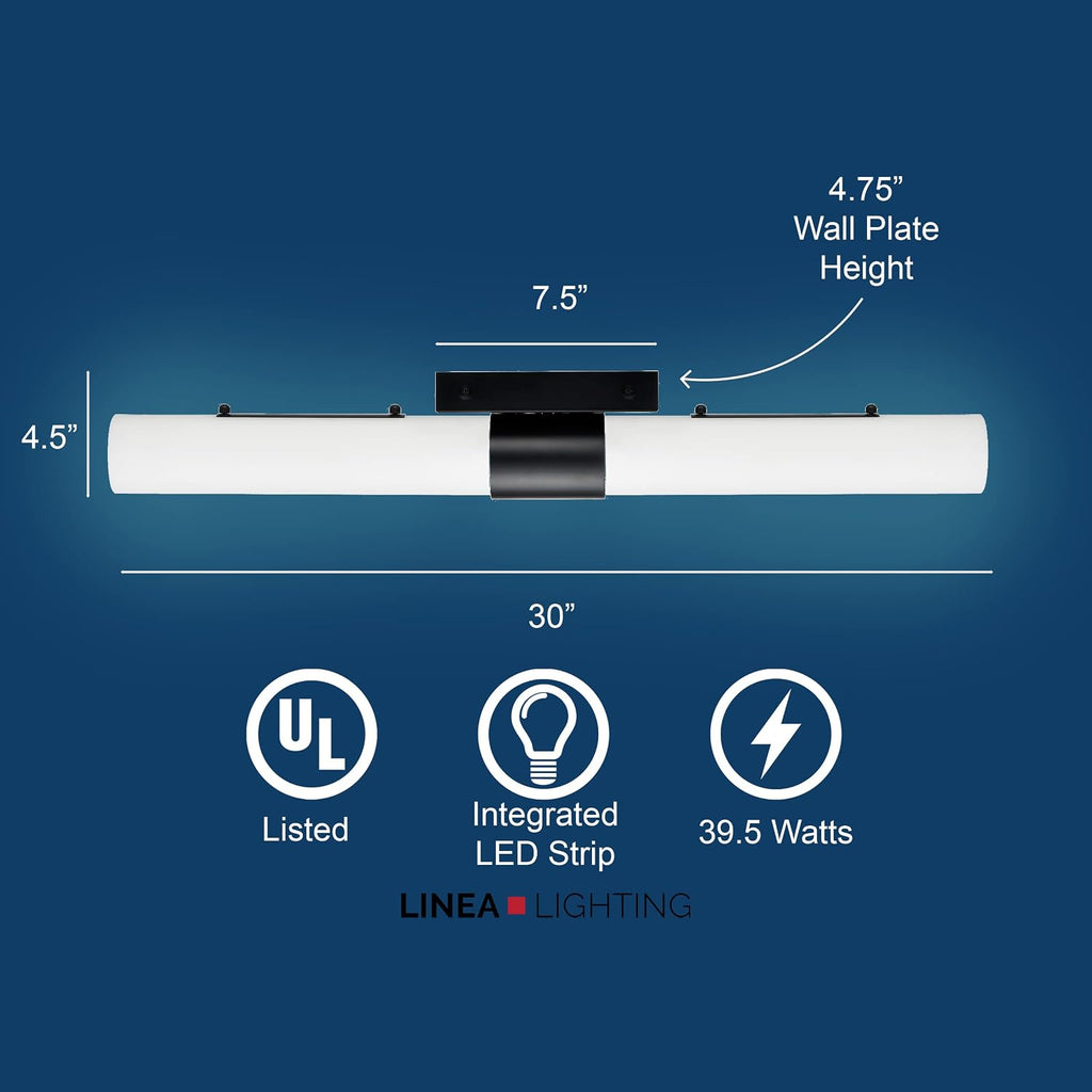 Linea di Liara Perpetua Modern LED Bathroom Vanity Light Bar 30 Inch Matte Black Bathroom Light Fixtures Over Mirror and Over Sink, Dimmable White Frosted Glass Shade, UL Listed