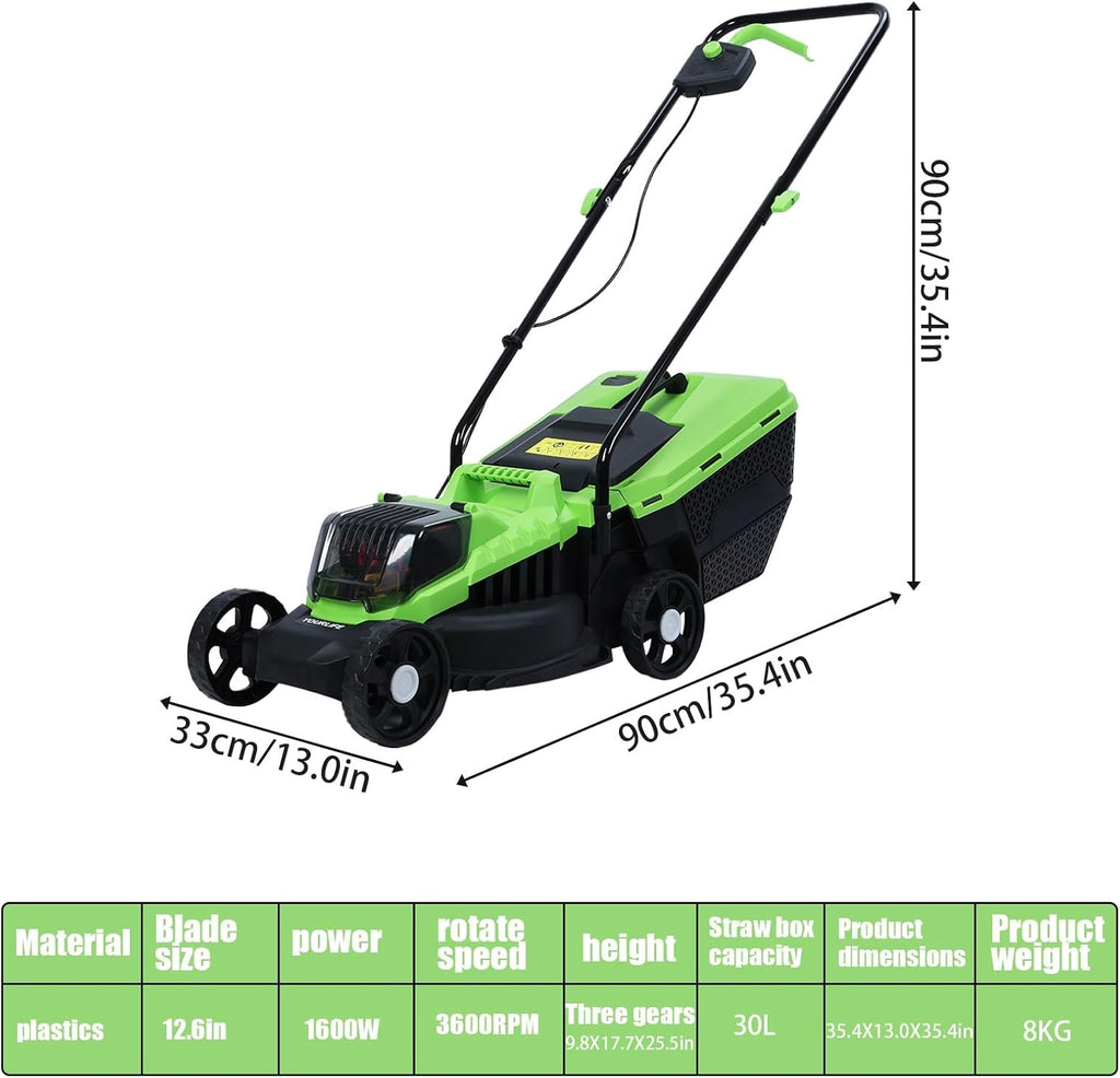 Self-Propelled Cordless Push Lawn Mower, 32cm Cutting Width, 1600W Power, 30L Grass Tank, 3-Position Height Adjustment (25-65cm), US Plug