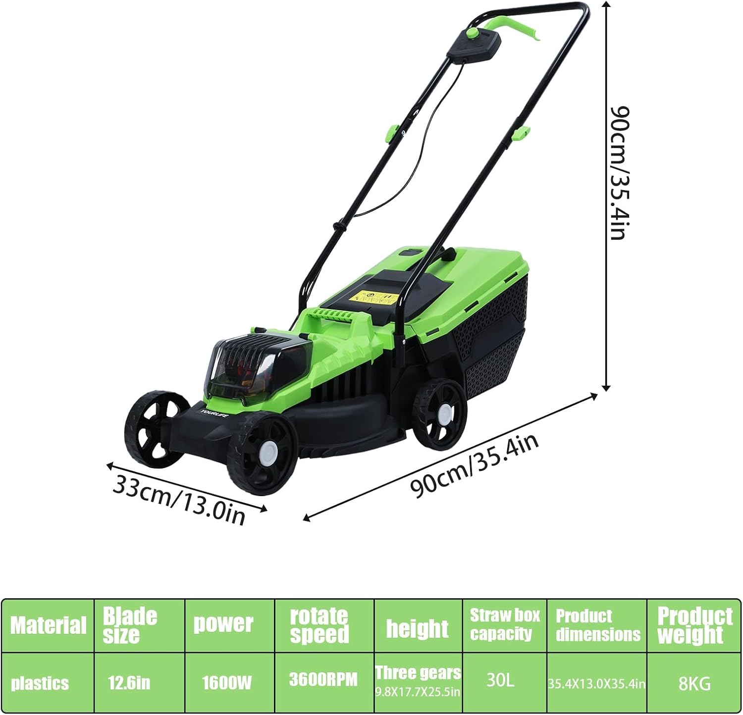 Self-Propelled Cordless Push Lawn Mower, 32cm Cutting Width, 1600W Power, 30L Grass Tank, 3-Position Height Adjustment (25-65cm), US Plug