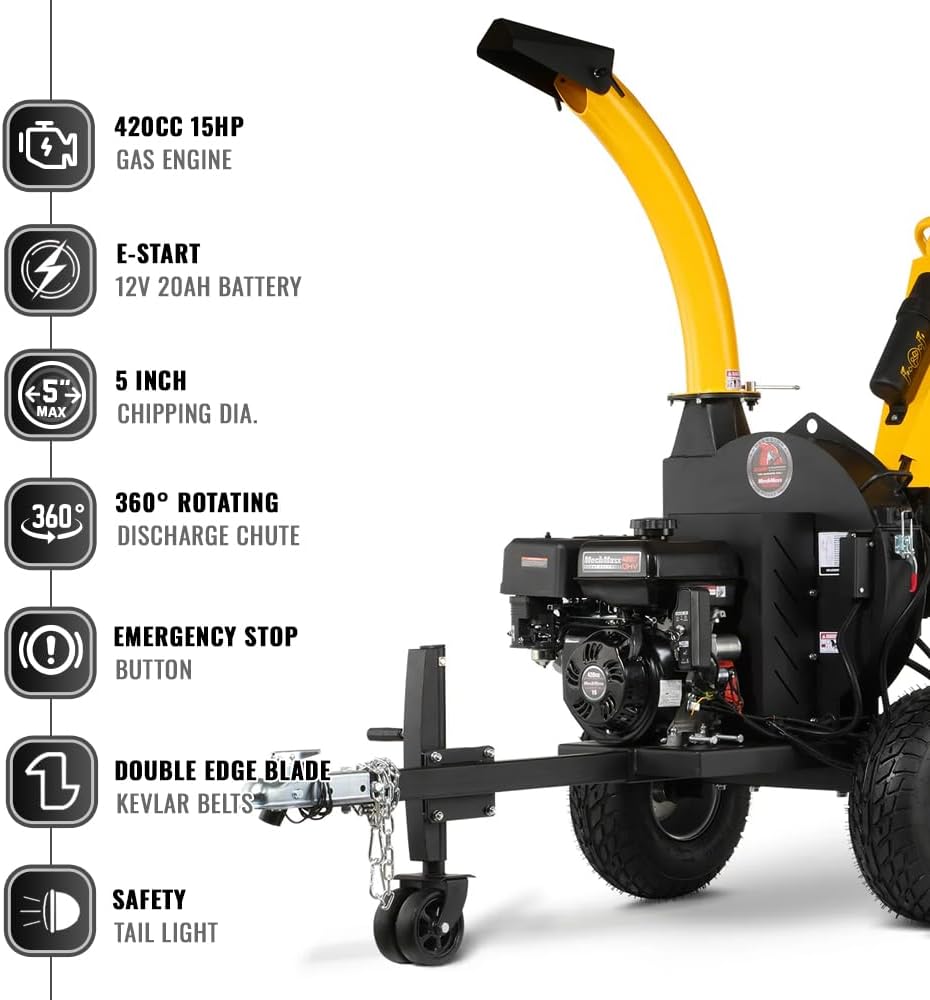 MechMaxx 5'' Inch E-Start 420cc 15hp Gas Powered Wood Chipper Shredder Mulcher with Tail Light, Towbar, Emergency Stop Button, Stop Bar, Model P4205 (Yellow)