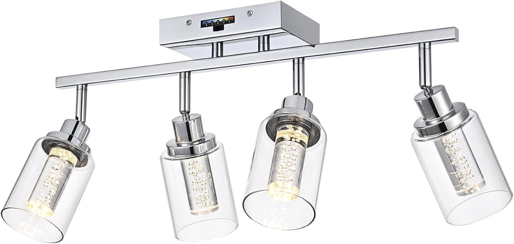 MELUCEE 5-Color Dimmbale Track Lighting Fixtures Ceiling 4-Light LED Track Lighting Kit Chrome Rotatable Spotlight Ceiling Mount Bathroom Wall Sconces, Kitchen Tracking Lights, Clear Glass Shade