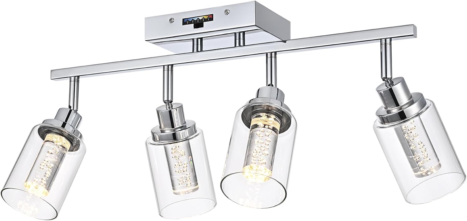 MELUCEE 5-Color Dimmbale Track Lighting Fixtures Ceiling 4-Light LED Track Lighting Kit Chrome Rotatable Spotlight Ceiling Mount Bathroom Wall Sconces, Kitchen Tracking Lights, Clear Glass Shade