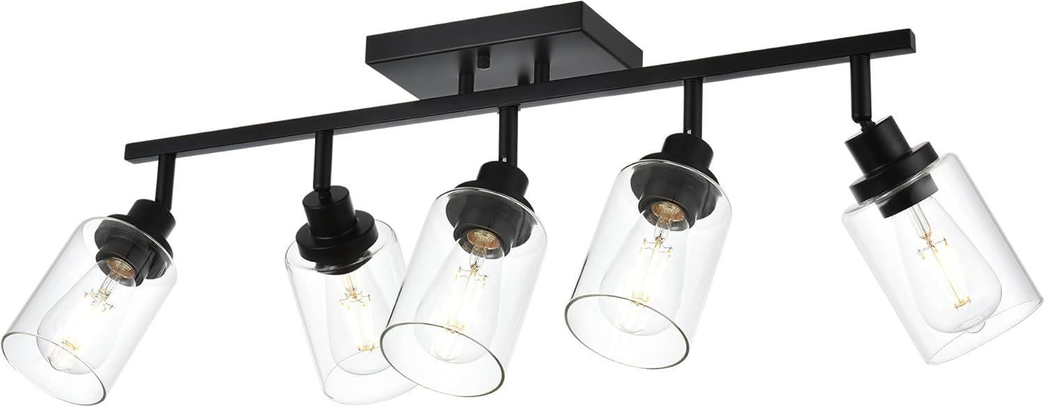5-Light Track Lighting Kit Black Track Lighting Fixtures Bathroom Wall Sconces Ceiling Mount Kitchen Tracking Lights, Rotatable Spotlight with Clear Glass Shade for Kitchen Shop Hallway