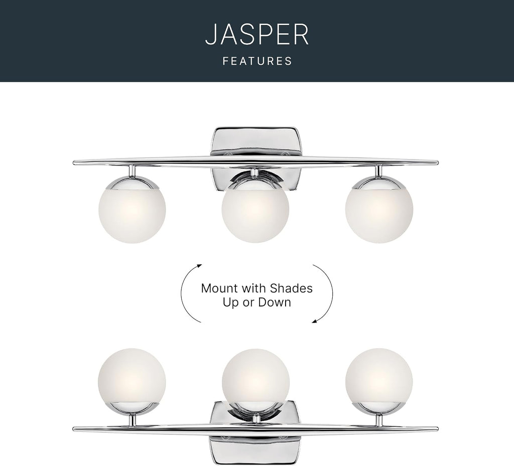 Kichler Jasper 24.5' Halogen Vanity Light in Chrome, 3-Light Mid Century Bathroom Vanity with Satin Etched Cased Opal Glass, (24.5' W x 7.75' H), 45582CH