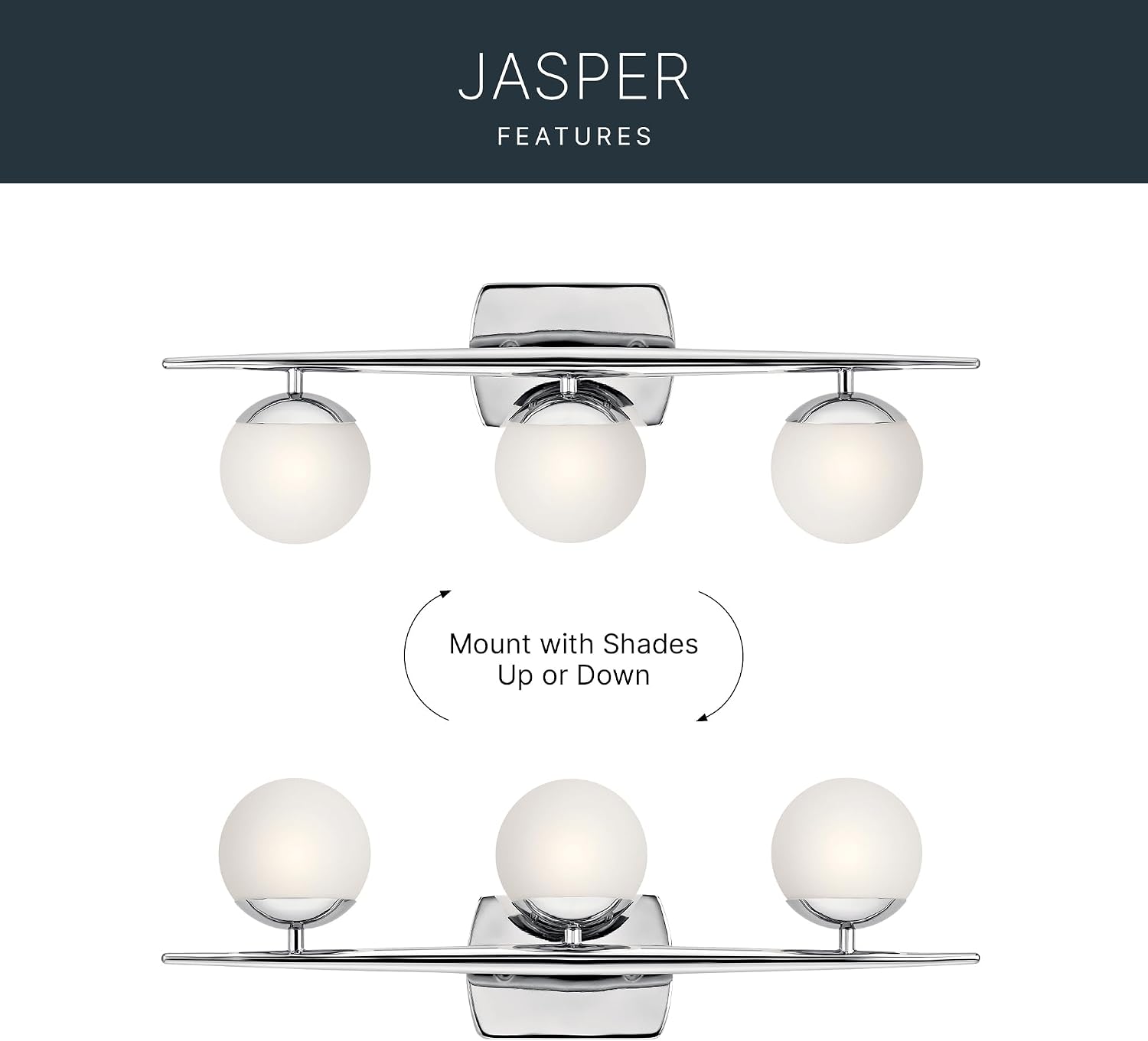 Kichler Jasper 24.5' Halogen Vanity Light in Chrome, 3-Light Mid Century Bathroom Vanity with Satin Etched Cased Opal Glass, (24.5' W x 7.75' H), 45582CH