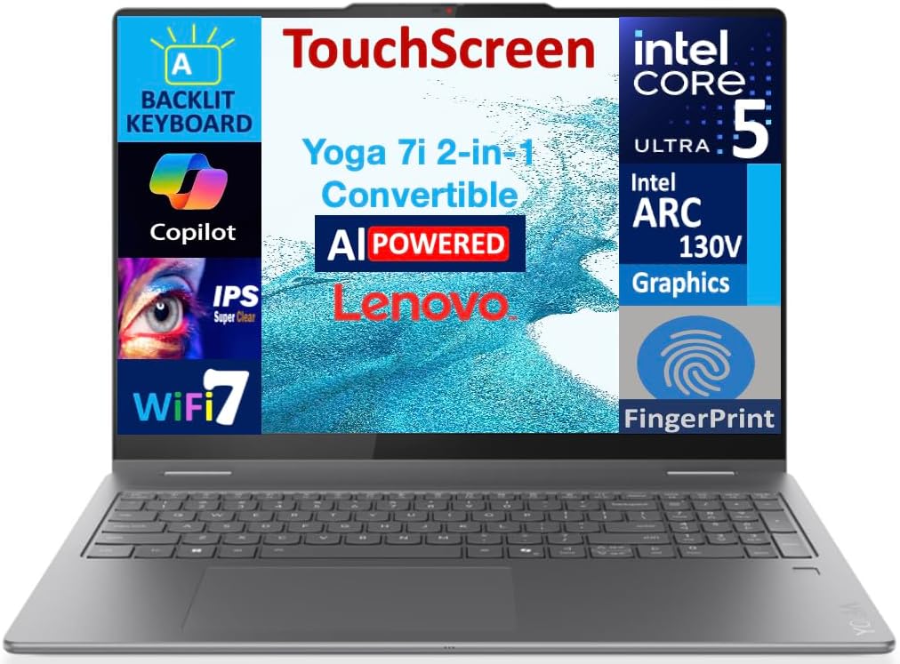 Lenovo Yoga 7i 2-in-1 AI Copilot + Laptop 16.0' 2K Touchscreen Display (Intel Ultra 5 Series 2, 16GB LPDDR5X, 2TB M.2 PCIe SSD, Backlit KB, Fingerprint, 2 TB 4, Win 11 Pro) w/DKZ USB Port Expander