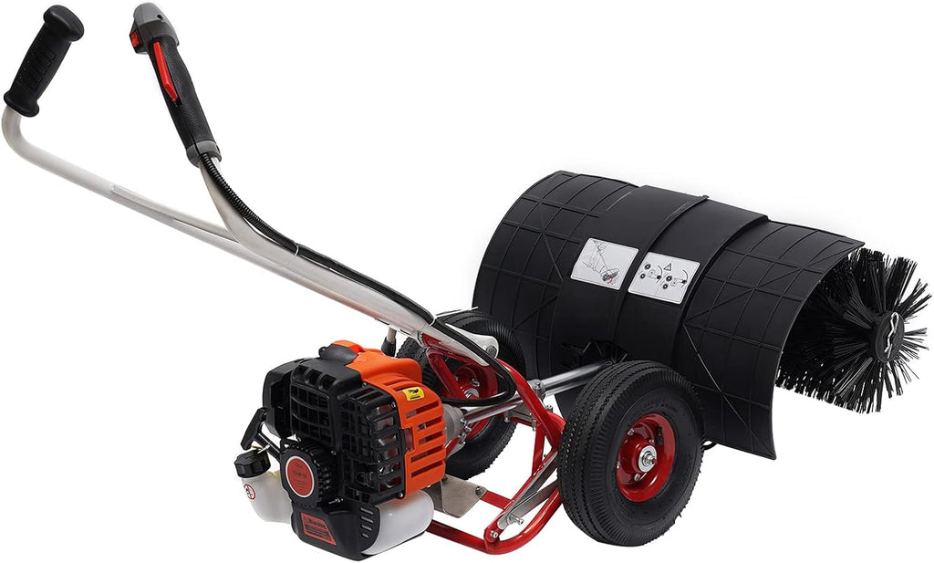Gas Powered Push Lawn Sweeper Broom, 52CC 2.5H Outdoor Hand Held Gas Power Broom 2 Stroke Walk Behind Sweeper Cleaning Driveway Tools